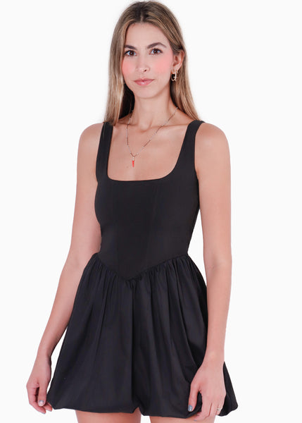 Vestido corto de tiras tipo corset con falda englobada color negro para mujer - Flashy