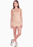 Vestido corto de tiras tipo lino color beige para mujer - Flashy