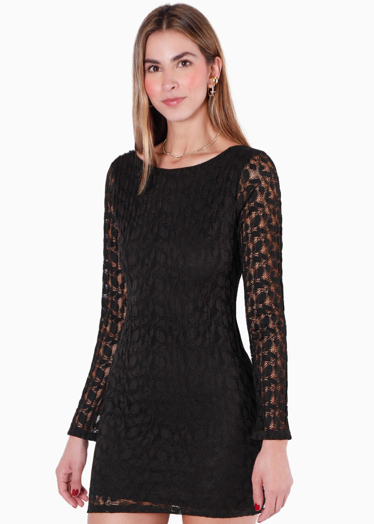 Vestido corto manga larga y de encaje color negro para mujer - Flashy