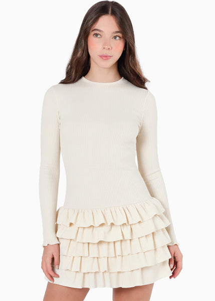 Vestido corto manga larga y de encaje - OTOÑO.MARFIL