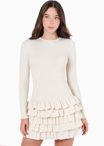 Vestido corto manga larga y de encaje - OTOÑO.MARFIL