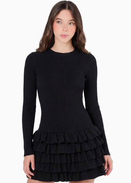Vestido corto manga larga y de encaje - OTOÑO.NEGRO