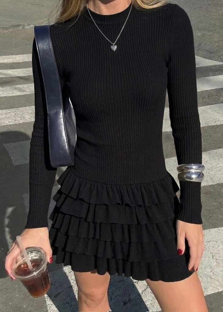 Vestido corto manga larga y falda con boleros - OTOÑO.NEGRO