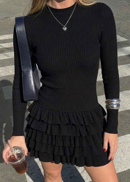 Vestido corto manga larga y de encaje - OTOÑO.NEGRO