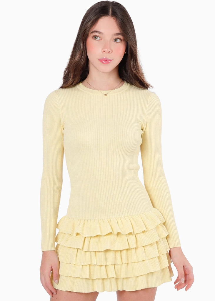 Vestido corto manga larga y de encaje - OTOÑO.AMARILLO