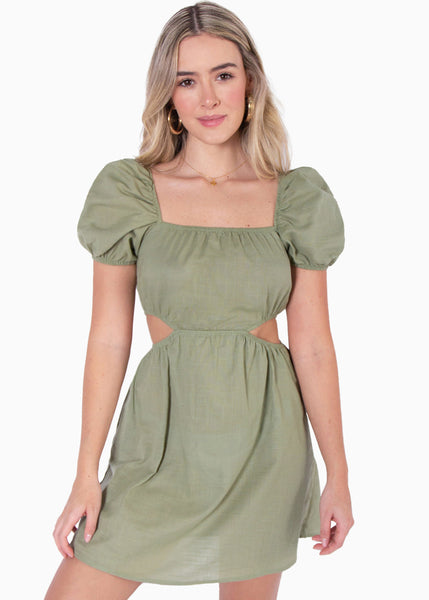 Vestido corto tipo lino manga corta con cut out en costados - MANDIRA