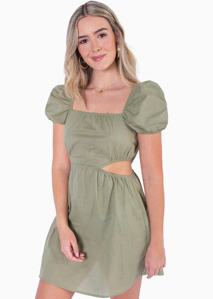 Vestido corto tipo lino manga corta con cut out en costados - MANDIRA