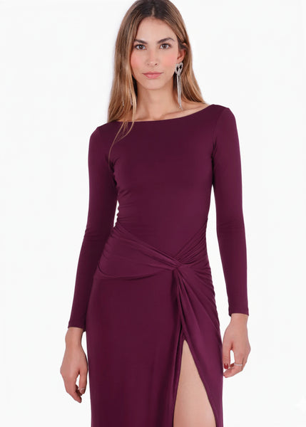 Vestido largo con abertura enfrente y drapeado en cintura - NIZA