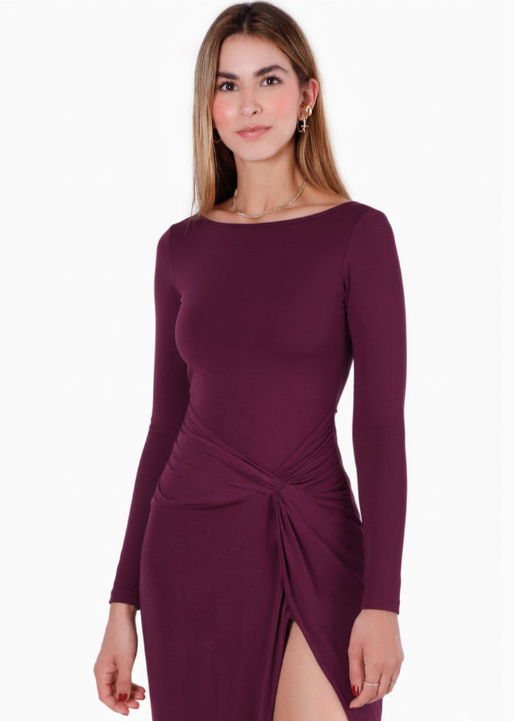 Vestido largo con abertura enfrente y drapeado en cintura - NIZA