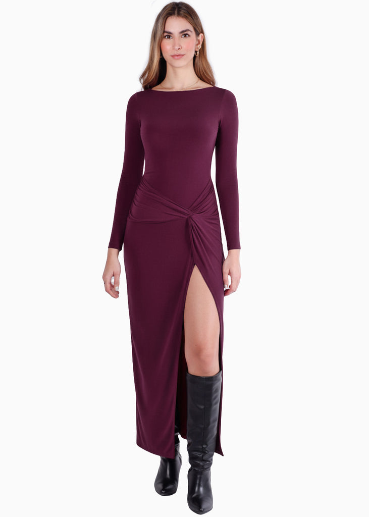 Vestido largo con abertura enfrente y drapeado en cintura - NIZA