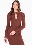 Vestido largo con bolero en mangas y abertura en escote color café para mujer - Flashy
