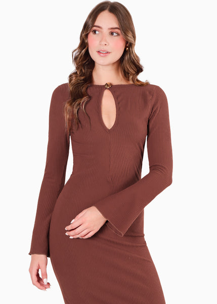 Vestido largo con bolero en mangas y abertura en escote color café para mujer - Flashy