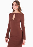 Vestido largo con bolero en mangas y abertura en escote color café para mujer - Flashy