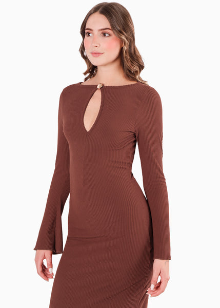 Vestido largo con bolero en mangas y abertura en escote color café para mujer - Flashy