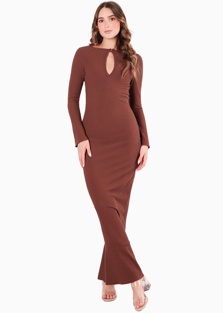 Vestido largo con bolero en mangas y abertura en escote color café para mujer - Flashy
