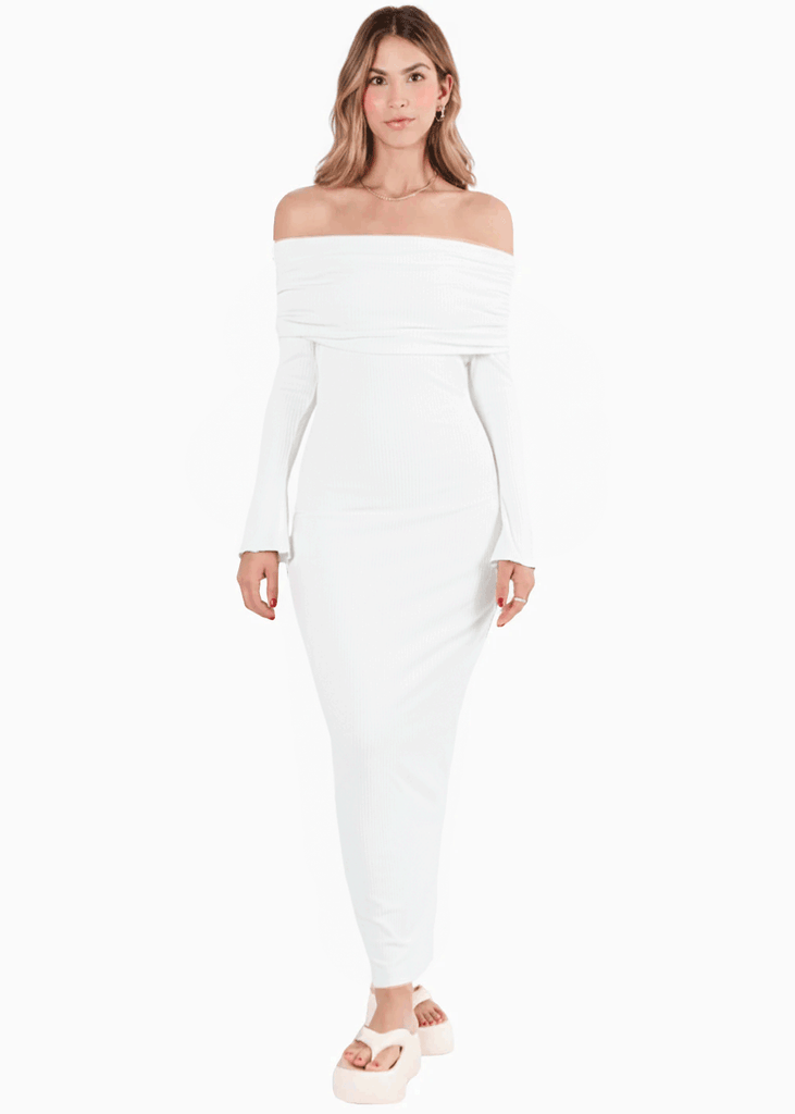 Vestido largo con bolero en mangas y escote bandeja - VALKIRIA.MARFIL