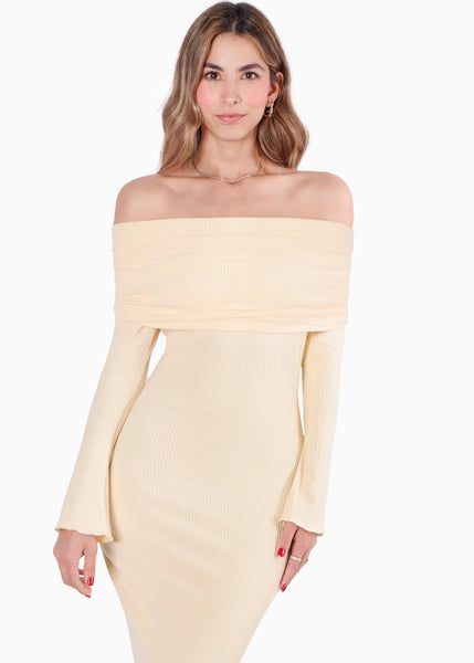 Vestido largo con bolero en mangas y escote bandeja color amarillo para mujer - Flashy