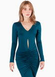 Vestido largo con fruncido delantero y abertura color azul para mujer - Flashy