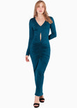 Vestido largo con fruncido delantero y abertura color azul para mujer - Flashy