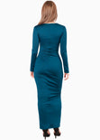 Vestido largo con fruncido delantero y abertura color azul para mujer - Flashy