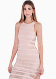 Vestido largo de malla tejida, sin mangas y con cuello halter color beige para mujer - Flashy