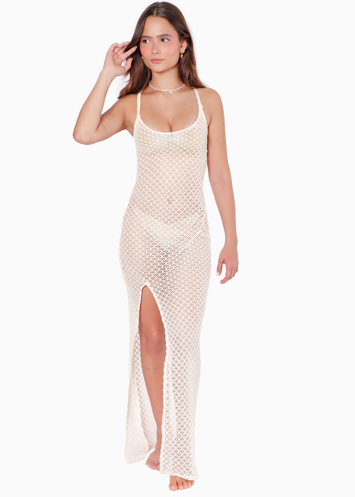 Vestido largo de malla y sin mangas color blanco, marfil para mujer - Flashy
