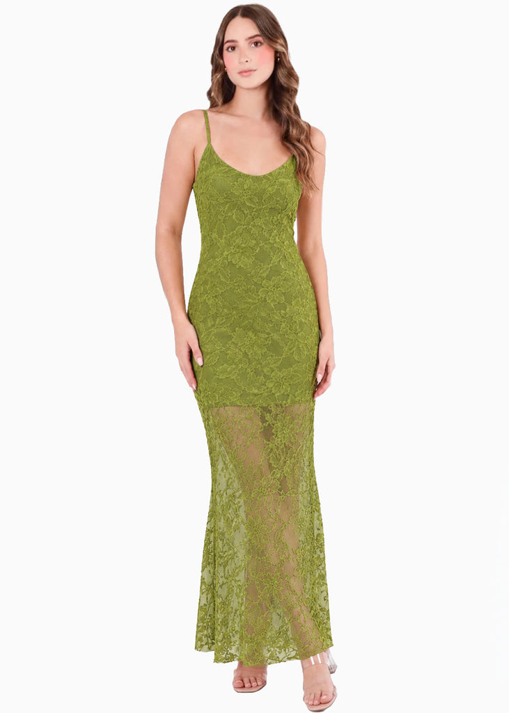 Vestido largo de tiras en encaje con escote en V y bolero en parte inferior - HINOJO