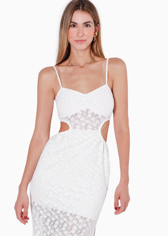 Vestido largo de tiras, encaje y aberturas en costados color blanco, marfil para mujer - Flashy