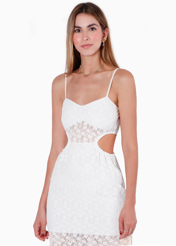 Vestido largo de tiras, encaje y aberturas en costados color blanco, marfil para mujer - Flashy