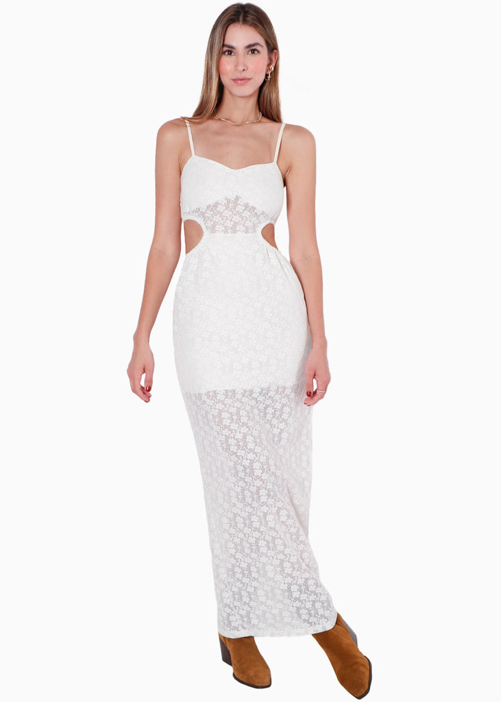 Vestido largo de tiras, encaje y aberturas en costados color blanco, marfil para mujer - Flashy