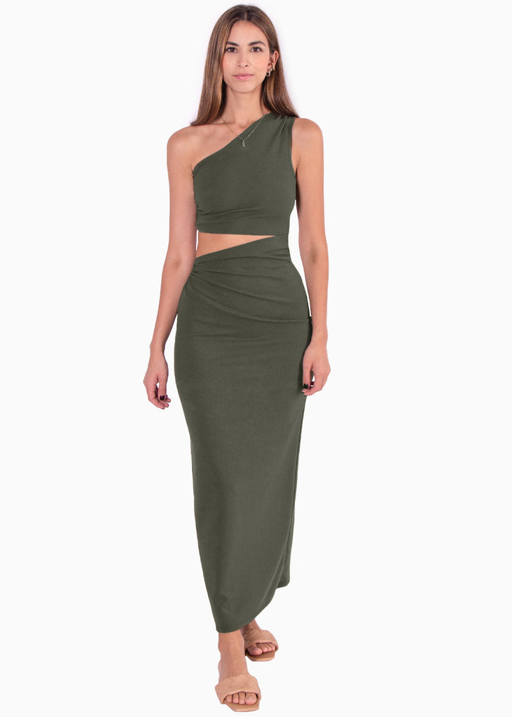 Vestido largo de un solo hombro con cut out en costado color verde para mujer - Flashy