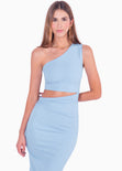 Vestido largo de un solo hombro con cut out en costado color azul para mujer - Flashy