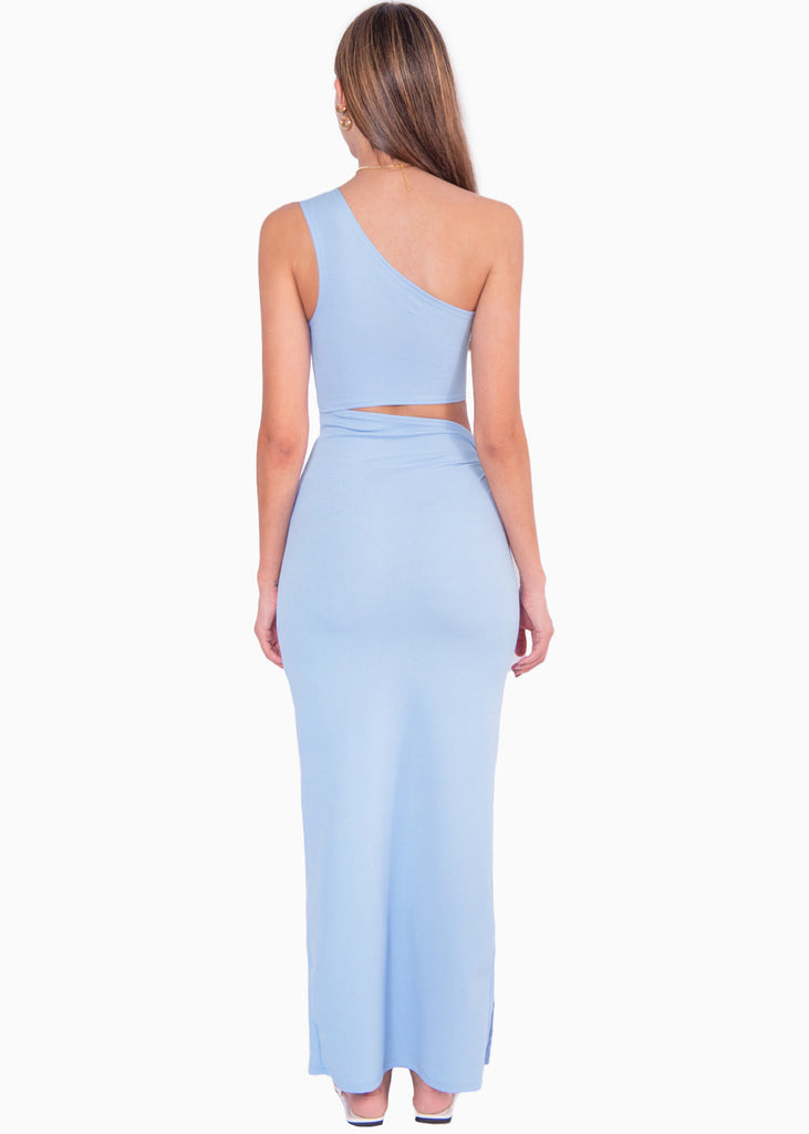 Vestido largo de un solo hombro con cut out en costado color azul para mujer - Flashy