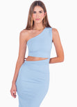 Vestido largo de un solo hombro con cut out en costado color azul para mujer - Flashy
