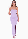 Vestido largo strapless con cortes y abertura en costado color lila para mujer - Flashy