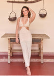 Vestido largo tejido, con aro y cut outs en costados color beige para mujer - Flashy