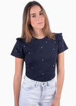 Camiseta con perlas y boleros en mangas color azul para mujer - Flashy