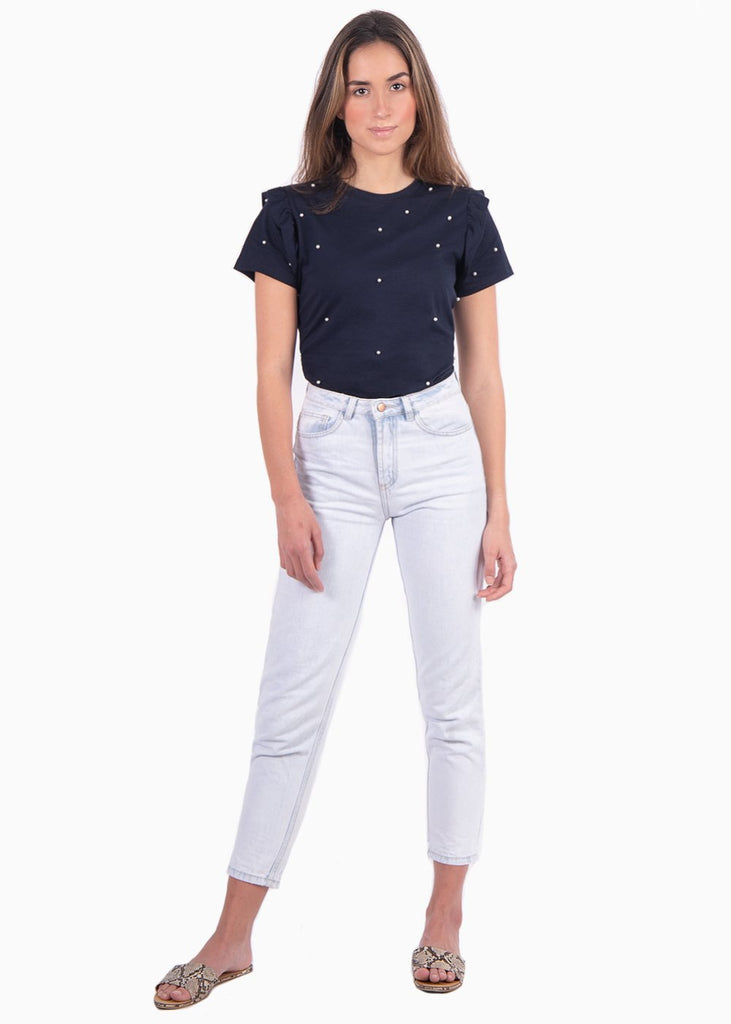 Camiseta con perlas y boleros en mangas color azul para mujer - Flashy