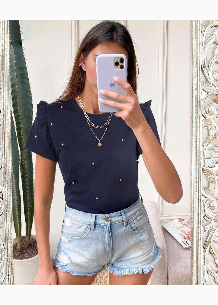 Camiseta con perlas y boleros en mangas color azul para mujer - Flashy