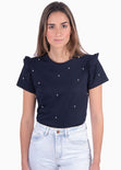 Camiseta con perlas y boleros en mangas color azul para mujer - Flashy