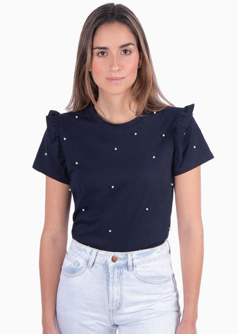 Camiseta con perlas y boleros en mangas color azul para mujer - Flashy