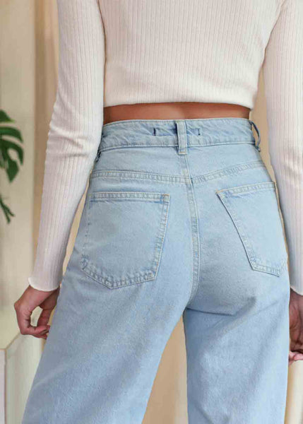 Jean tiro alto bota ancha color azul, denim para mujer - Flashy
