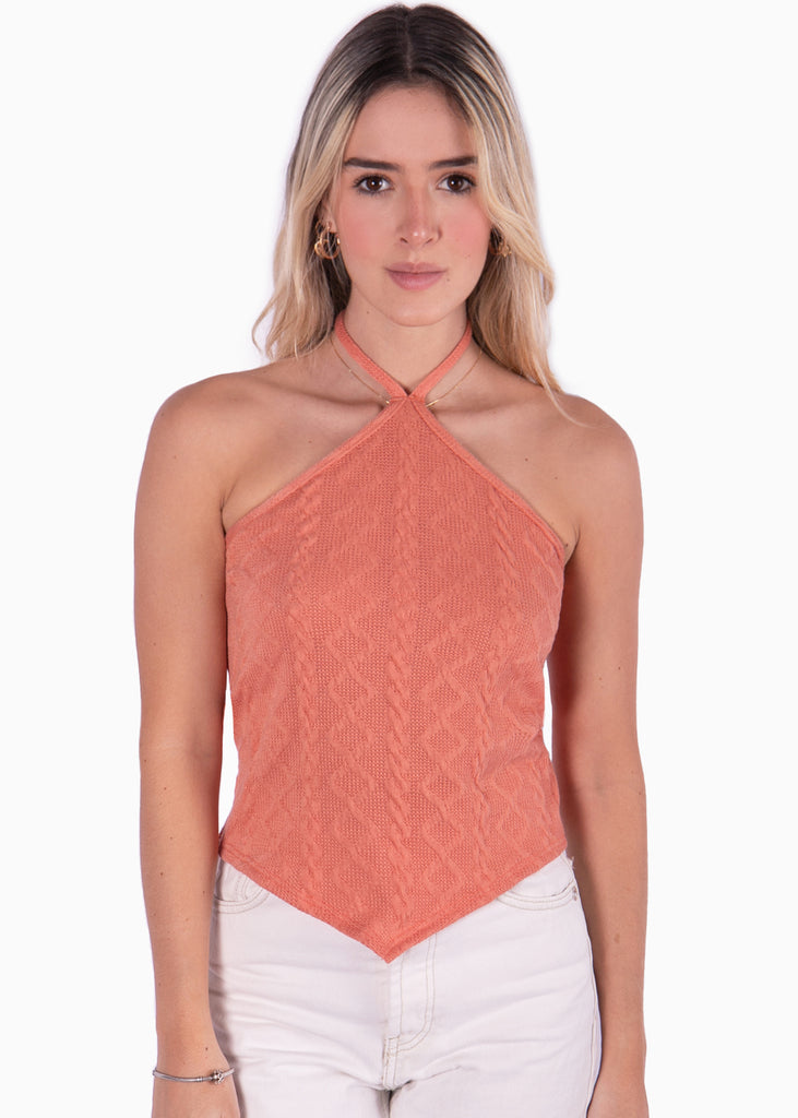 Blusa coral corta con cuello halter para mujer Flashy