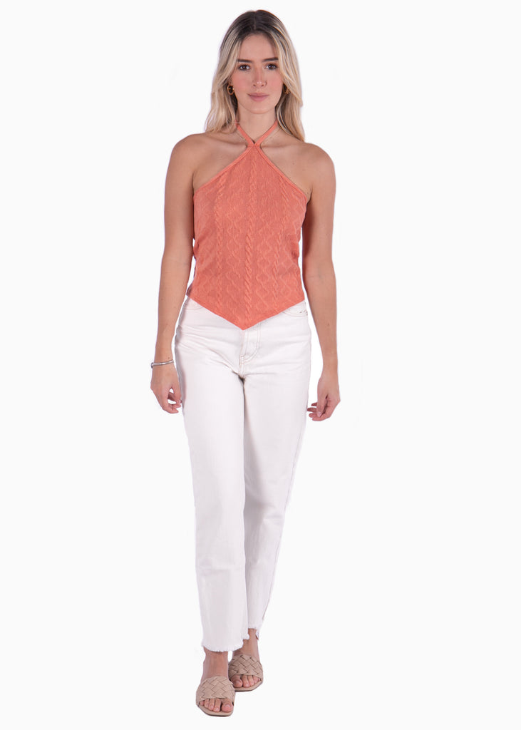 Blusa coral corta con cuello halter para mujer Flashy