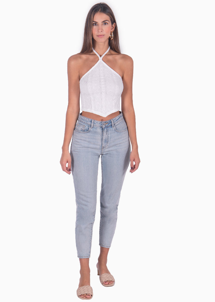 Blusa corta blanca con cuello halter para mujer Flashy