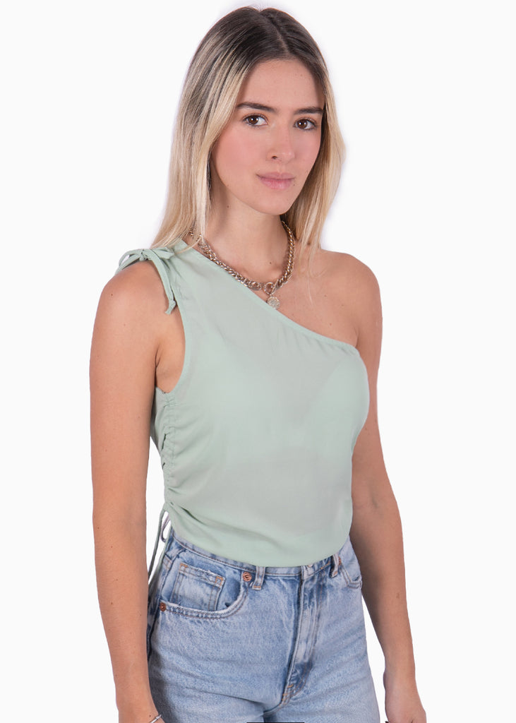 Blusa corta verde de un solo hombro con recogidos para mujer Flashy
