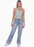 Blusa corta de un solo hombro con recogidos color verde para mujer - Flashy