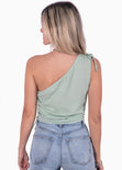 Blusa corta de un solo hombro con recogidos color verde para mujer - Flashy