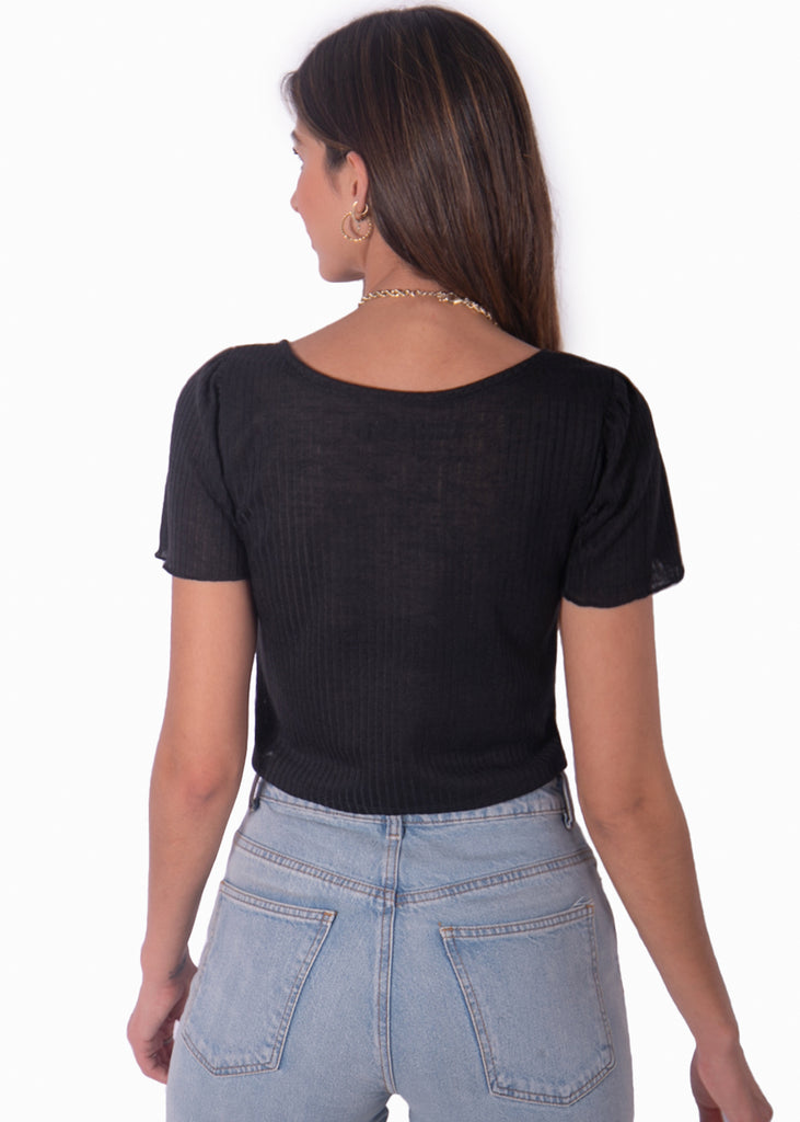Blusa manga corta negra con recogido en escote para mujer Flashy