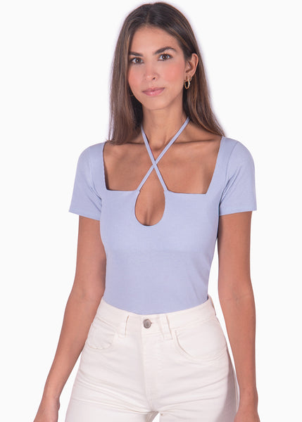 Blusa lila manga corta con tiras en escote para mujer Flashy